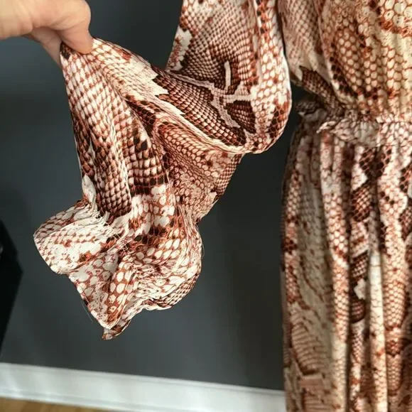 THML rust/brown tones stretch snakeskin print ruffle accent midi. Small.